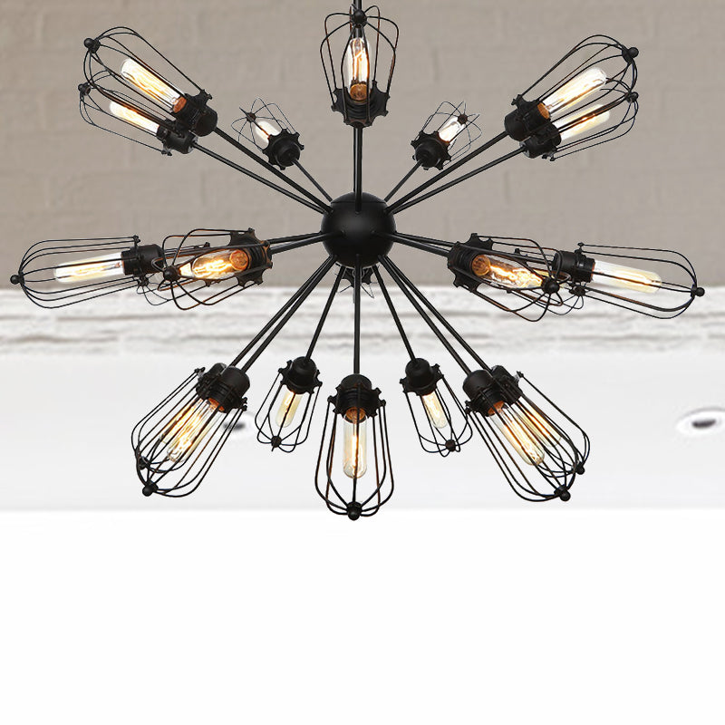 Warehouse Style Metal Bulb Cage Chandelier - Black Hanging Lamp with 9/12/15 Heads for Living Room Lighting