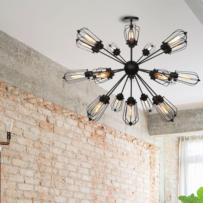 Warehouse Style Metal Bulb Cage Chandelier - Black Hanging Lamp with 9/12/15 Heads for Living Room Lighting