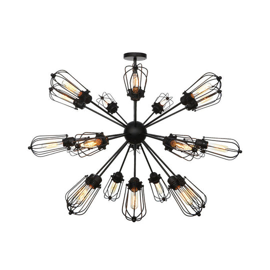 Warehouse Style Metal Bulb Cage Chandelier - Black Hanging Lamp with 9/12/15 Heads for Living Room Lighting