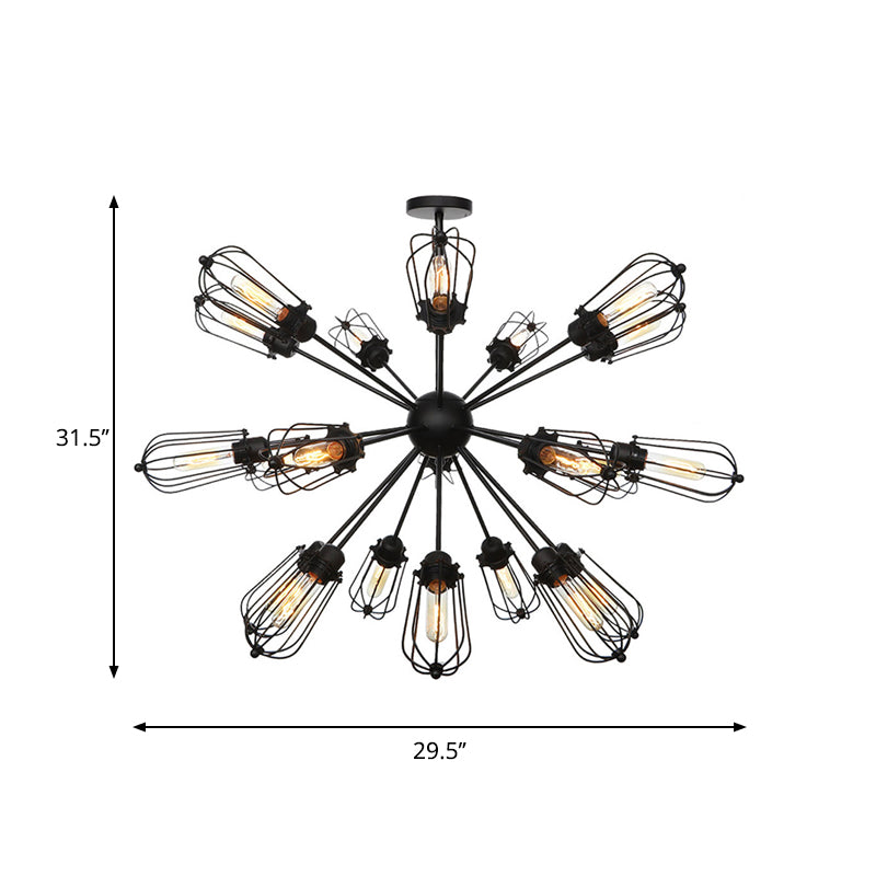 Warehouse Style Metal Bulb Cage Chandelier - Black Hanging Lamp with 9/12/15 Heads for Living Room Lighting