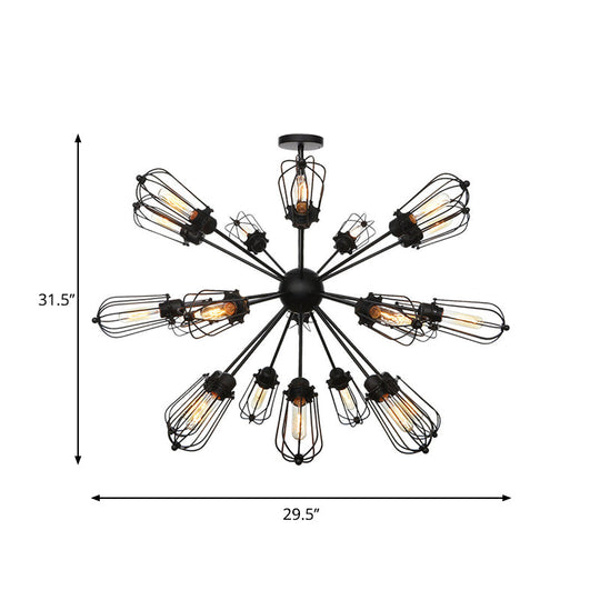 Warehouse Style Metal Bulb Cage Chandelier - Black Hanging Lamp with 9/12/15 Heads for Living Room Lighting