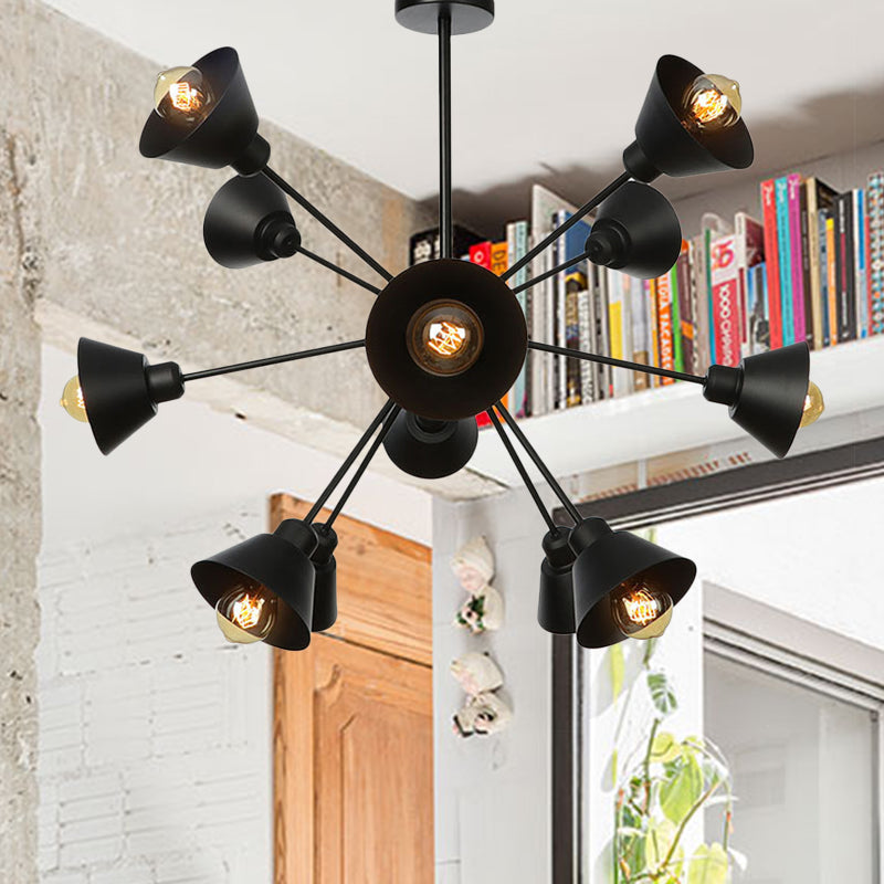 Industrial Stylish Metal Hanging Lamp with Sputnik Design - Cone Shade, 9/12/15 Lights - Black Chandelier Pendant Light