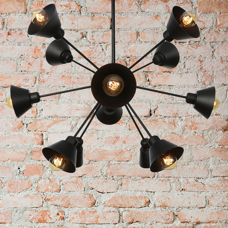 Industrial Stylish Metal Hanging Lamp with Sputnik Design - Cone Shade, 9/12/15 Lights - Black Chandelier Pendant Light