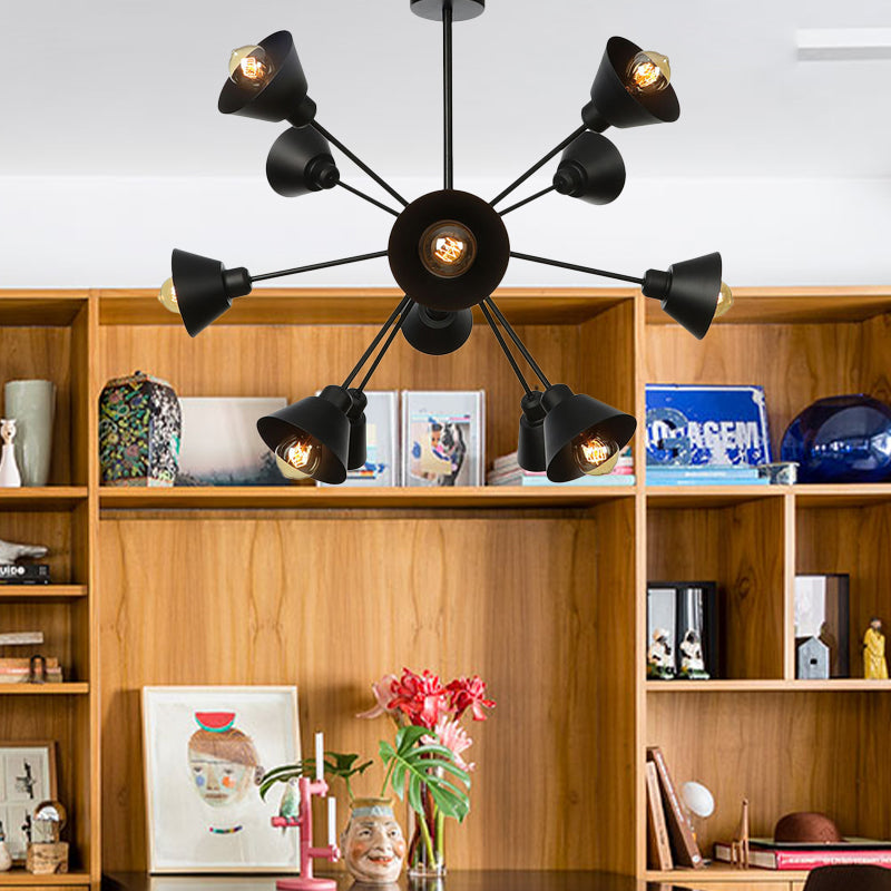 Sleek 9/12/15 Lights Black Chandelier Pendant Light With Industrial Sputnik Design - Cone Shade