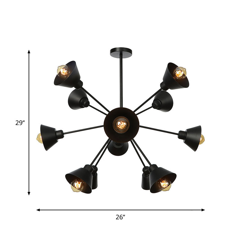 Industrial Stylish Metal Hanging Lamp with Sputnik Design - Cone Shade, 9/12/15 Lights - Black Chandelier Pendant Light