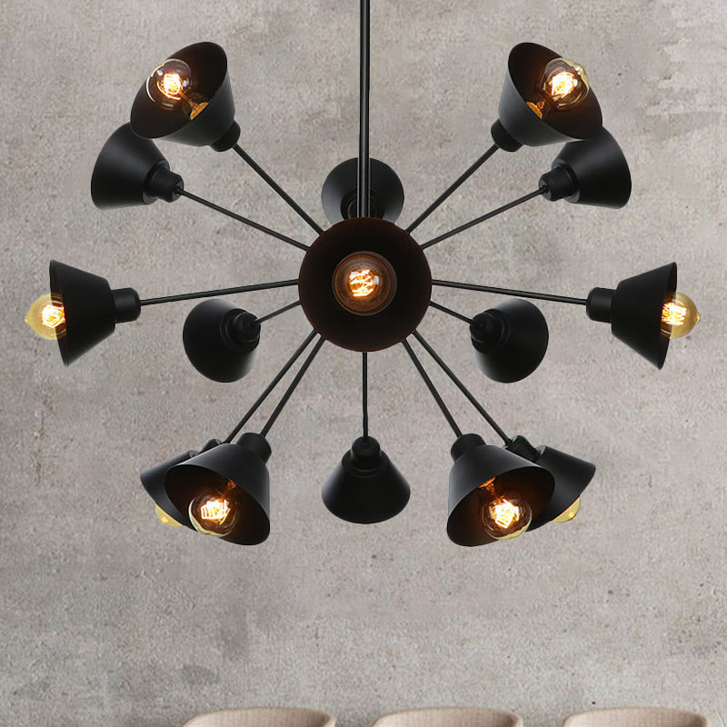 Industrial Stylish Metal Hanging Lamp with Sputnik Design - Cone Shade, 9/12/15 Lights - Black Chandelier Pendant Light