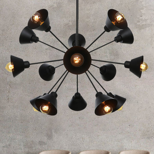 Industrial Stylish Metal Hanging Lamp with Sputnik Design - Cone Shade, 9/12/15 Lights - Black Chandelier Pendant Light