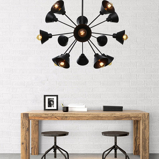 Industrial Stylish Metal Hanging Lamp with Sputnik Design - Cone Shade, 9/12/15 Lights - Black Chandelier Pendant Light