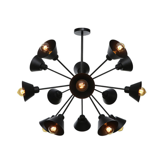 Industrial Stylish Metal Hanging Lamp with Sputnik Design - Cone Shade, 9/12/15 Lights - Black Chandelier Pendant Light