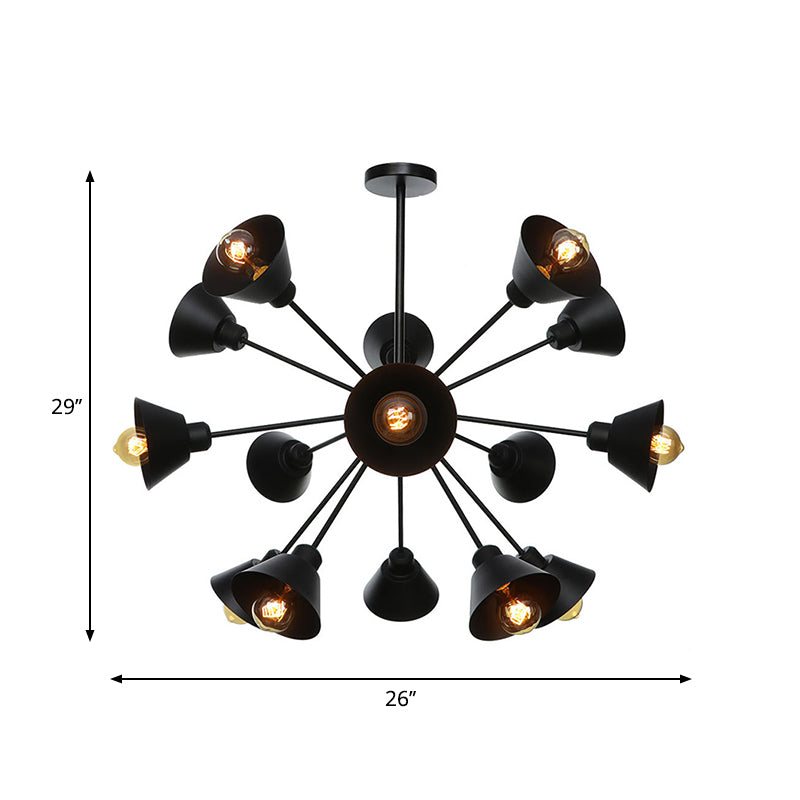 Industrial Stylish Metal Hanging Lamp with Sputnik Design - Cone Shade, 9/12/15 Lights - Black Chandelier Pendant Light