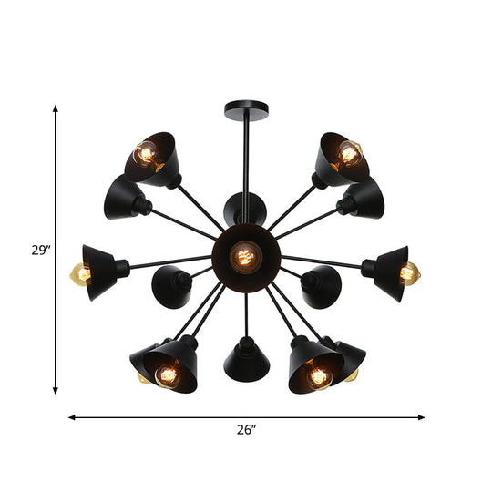 Industrial Stylish Metal Hanging Lamp with Sputnik Design - Cone Shade, 9/12/15 Lights - Black Chandelier Pendant Light