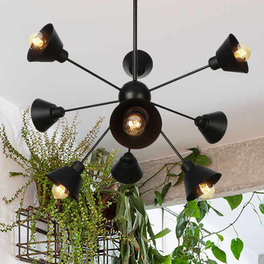 Industrial Stylish Metal Hanging Lamp with Sputnik Design - Cone Shade, 9/12/15 Lights - Black Chandelier Pendant Light