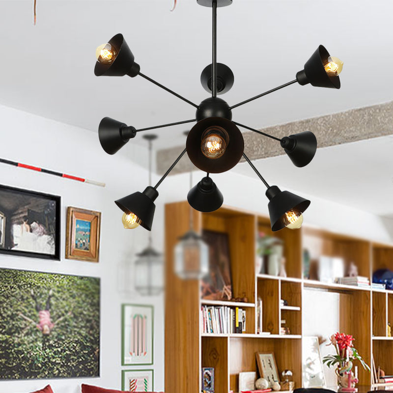 Sleek 9/12/15 Lights Black Chandelier Pendant Light With Industrial Sputnik Design - Cone Shade