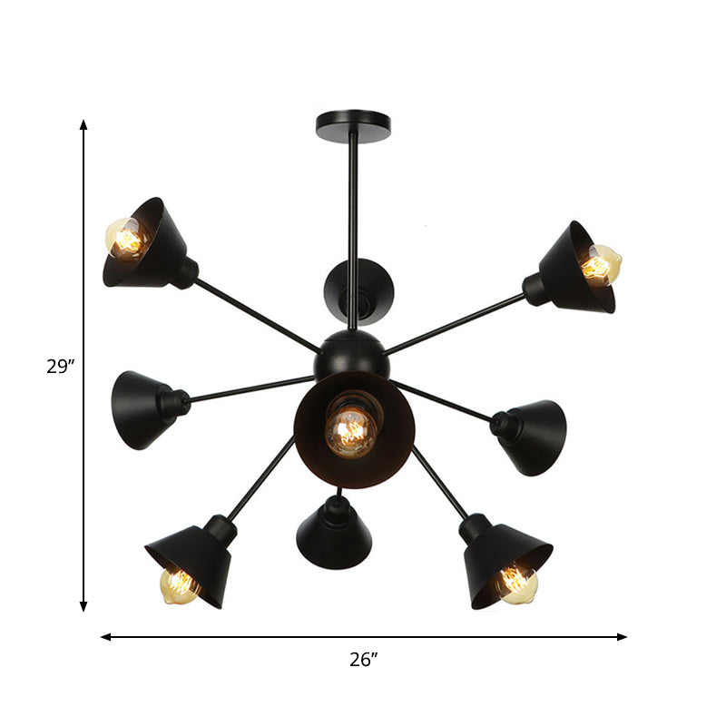 Industrial Stylish Metal Hanging Lamp with Sputnik Design - Cone Shade, 9/12/15 Lights - Black Chandelier Pendant Light