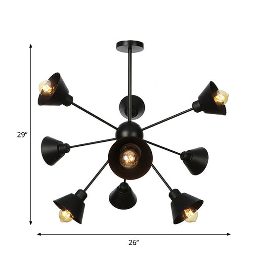 Sleek 9/12/15 Lights Black Chandelier Pendant Light With Industrial Sputnik Design - Cone Shade