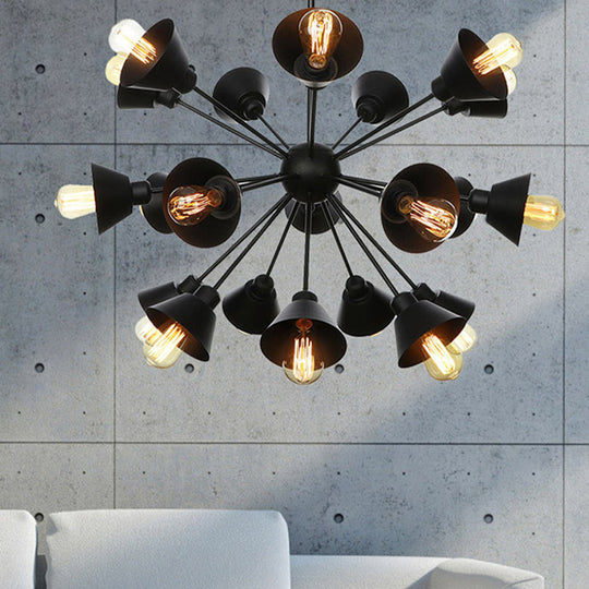 Industrial Stylish Metal Hanging Lamp with Sputnik Design - Cone Shade, 9/12/15 Lights - Black Chandelier Pendant Light