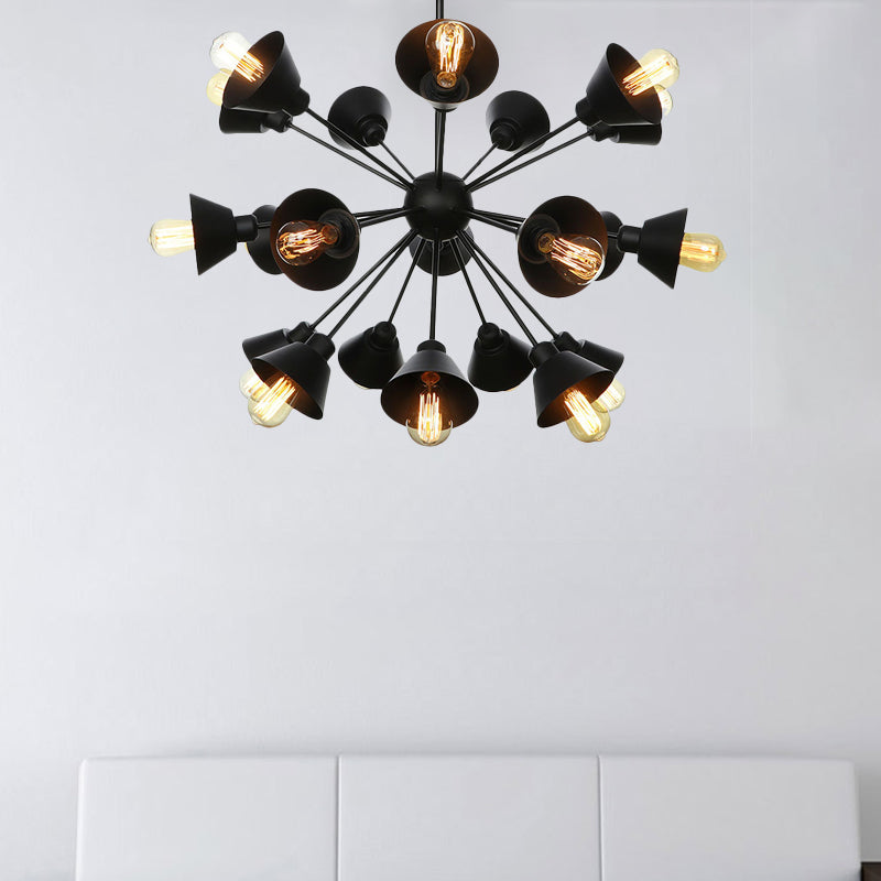 Industrial Stylish Metal Hanging Lamp with Sputnik Design - Cone Shade, 9/12/15 Lights - Black Chandelier Pendant Light