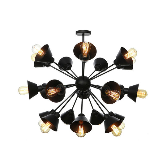 Industrial Stylish Metal Hanging Lamp with Sputnik Design - Cone Shade, 9/12/15 Lights - Black Chandelier Pendant Light