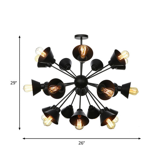 Industrial Stylish Metal Hanging Lamp with Sputnik Design - Cone Shade, 9/12/15 Lights - Black Chandelier Pendant Light