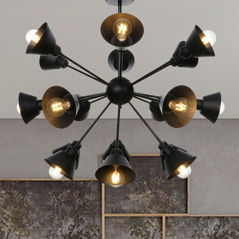 Industrial Stylish Metal Hanging Lamp with Sputnik Design - Cone Shade, 9/12/15 Lights - Black Chandelier Pendant Light