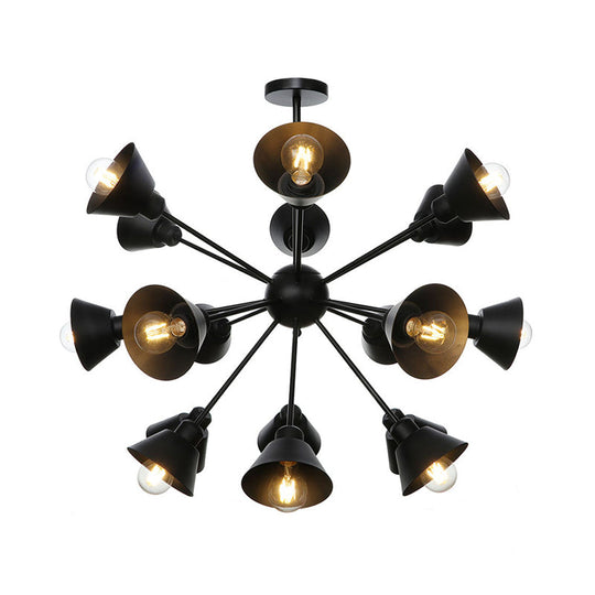 Industrial Stylish Metal Hanging Lamp with Sputnik Design - Cone Shade, 9/12/15 Lights - Black Chandelier Pendant Light