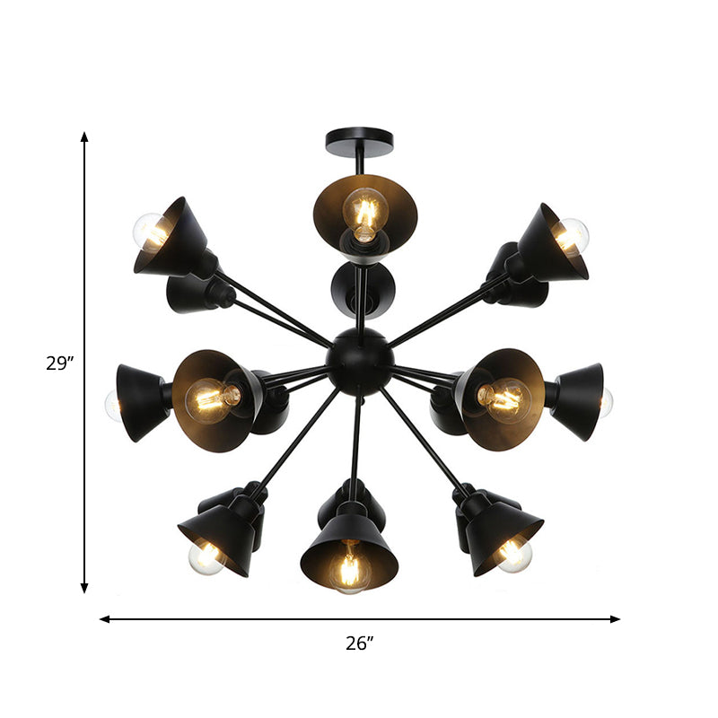 Sleek 9/12/15 Lights Black Chandelier Pendant Light With Industrial Sputnik Design - Cone Shade