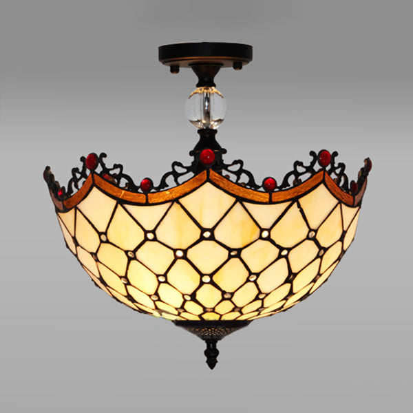 Traditional Tiffany Stained Glass Ceiling Lamp - Scalloped Semi Flush, 12" or 16" - Bronze Finish with Leaf, Victorian, and Circle Pattern - Ideal for Foyer