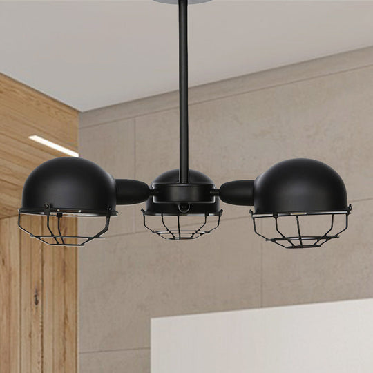 Industrial Style Domed Pendant Light with Wire Frame, 3-Bulbs, Black/Brass Finish