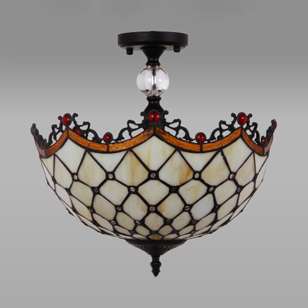 Traditional Tiffany Stained Glass Ceiling Lamp - Scalloped Semi Flush, 12" or 16" - Bronze Finish with Leaf, Victorian, and Circle Pattern - Ideal for Foyer