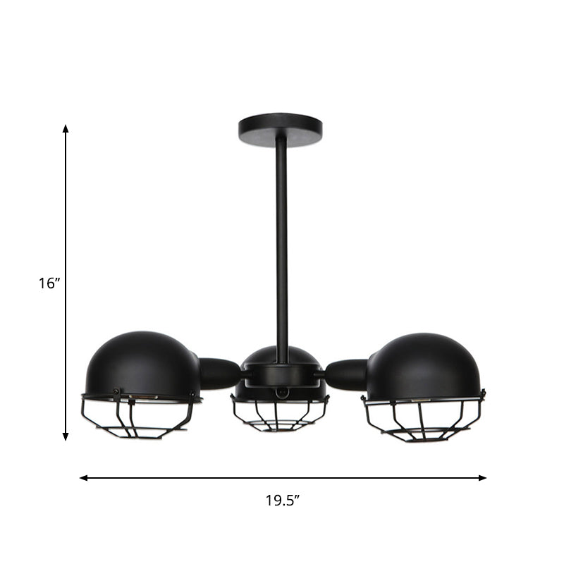 Industrial Style Domed Pendant Light with Wire Frame, 3-Bulbs, Black/Brass Finish