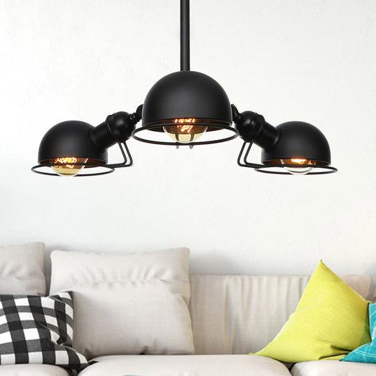 Industrial Style Domed Pendant Light with Wire Frame, 3-Bulbs, Black/Brass Finish