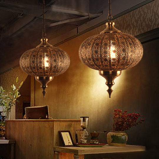 Brass Hollowed Teardrop Hanging Pendant - Retro 1 Light Ceiling Lamp 16/18/19.5 Wide