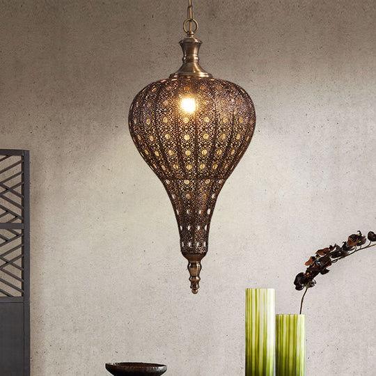 Brass Hollowed Teardrop Hanging Pendant - Retro 1 Light Ceiling Lamp 16/18/19.5 Wide