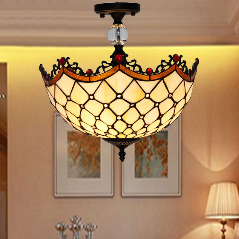 Traditional Tiffany Stained Glass Ceiling Lamp - Scalloped Semi Flush 12 Or 16 Bronze Finish With