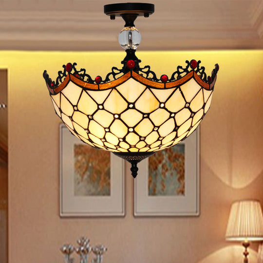 Traditional Tiffany Stained Glass Ceiling Lamp - Scalloped Semi Flush 12 Or 16 Bronze Finish With