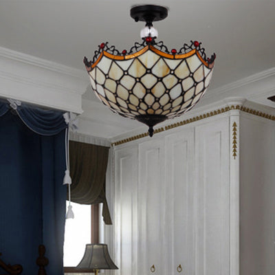 Traditional Tiffany Stained Glass Ceiling Lamp - Scalloped Semi Flush 12 Or 16 Bronze Finish With