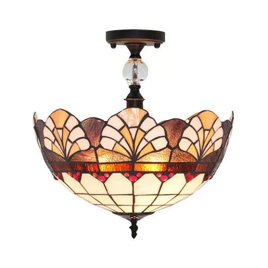 Traditional Tiffany Stained Glass Ceiling Lamp - Scalloped Semi Flush, 12" or 16" - Bronze Finish with Leaf, Victorian, and Circle Pattern - Ideal for Foyer