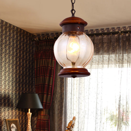 Classic Round Pendant 1-Light Wooden Brown Hanging Ceiling Lamp With Clear Glass Ball Shade Wood