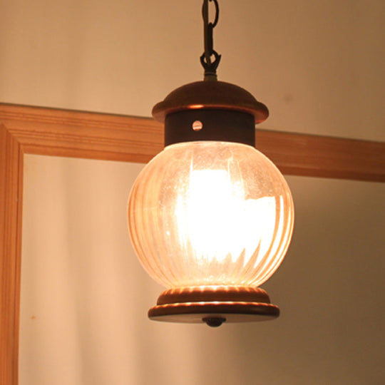 Classic Round Pendant 1-Light Wooden Brown Hanging Ceiling Lamp With Clear Glass Ball Shade