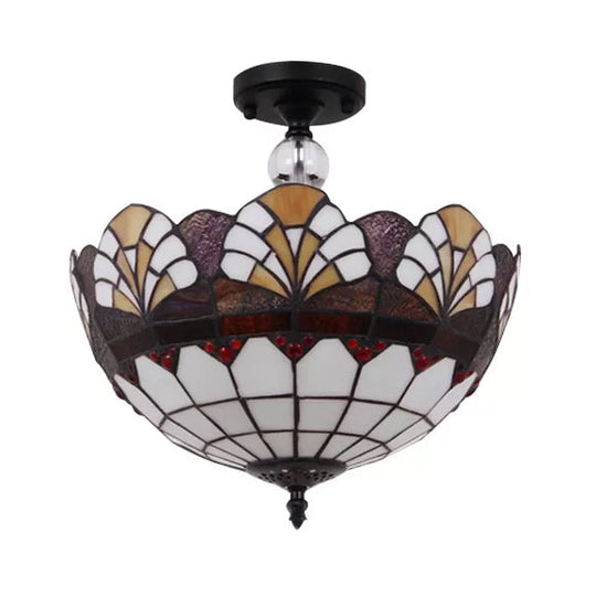 Traditional Tiffany Stained Glass Ceiling Lamp - Scalloped Semi Flush, 12" or 16" - Bronze Finish with Leaf, Victorian, and Circle Pattern - Ideal for Foyer