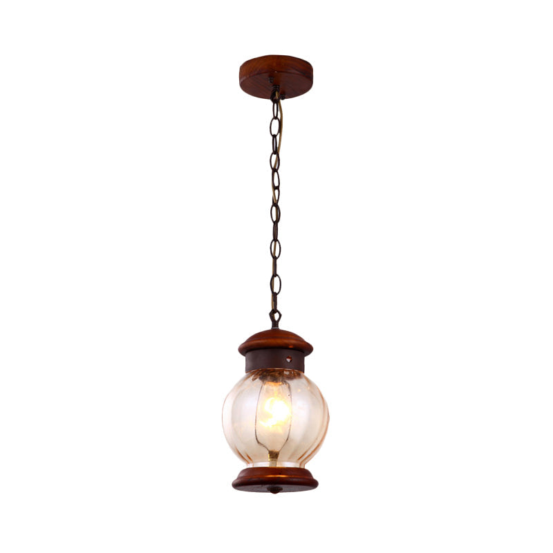 Classic Round Pendant 1-Light Wooden Brown Hanging Ceiling Lamp With Clear Glass Ball Shade