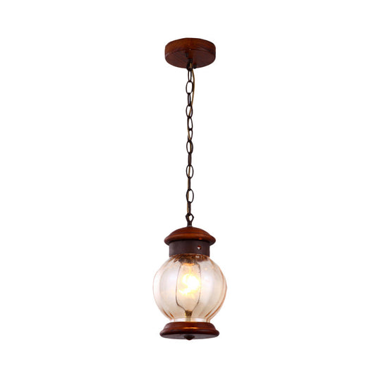 Classic Round Pendant 1-Light Wooden Brown Hanging Ceiling Lamp With Clear Glass Ball Shade