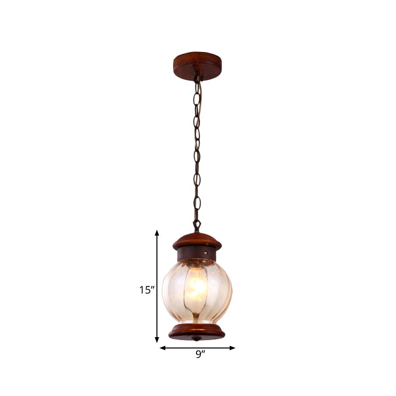 Classic Round Pendant 1-Light Wooden Brown Hanging Ceiling Lamp With Clear Glass Ball Shade