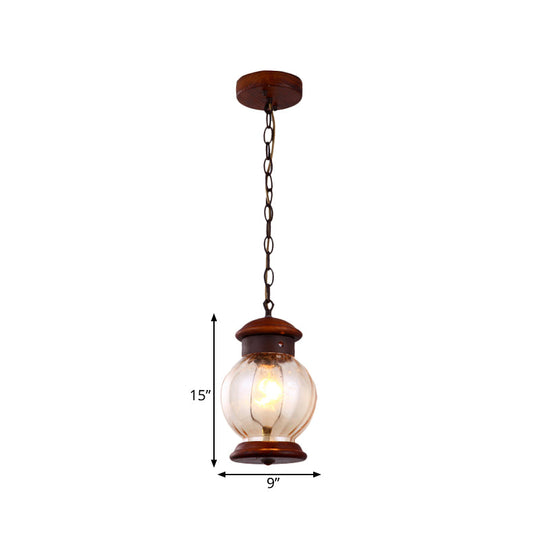 Classic Round Pendant 1-Light Wooden Brown Hanging Ceiling Lamp With Clear Glass Ball Shade