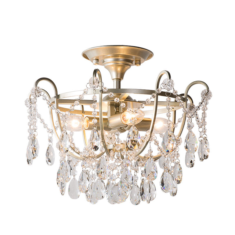 Semi Flush Traditional Crystal Ceiling Light Fixture - Beveled Crystal, 4 Bulbs, Brass Mount