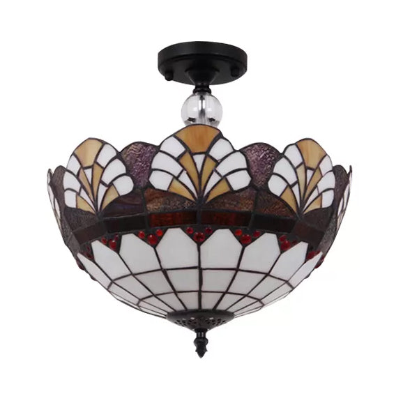 Traditional Tiffany Stained Glass Ceiling Lamp - Scalloped Semi Flush 12 Or 16 Bronze Finish With