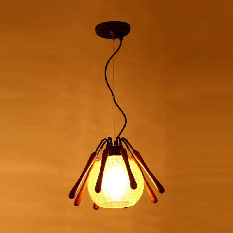 Rustic Conical Wood Pendant Lamp With Cracked Glass Shade - 1 Light Brown Suspended Lighting Fixture