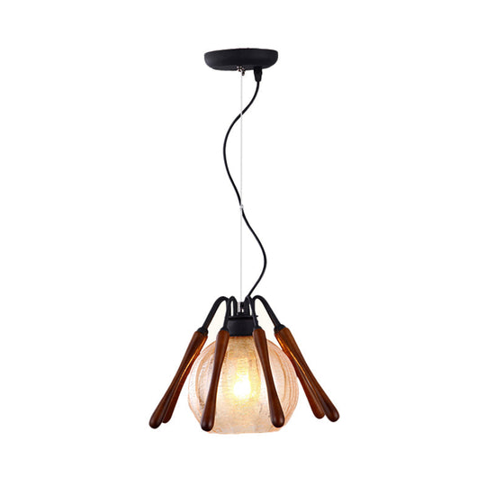 Rustic Conical Wood Pendant Lamp With Cracked Glass Shade - 1 Light Brown Suspended Lighting Fixture