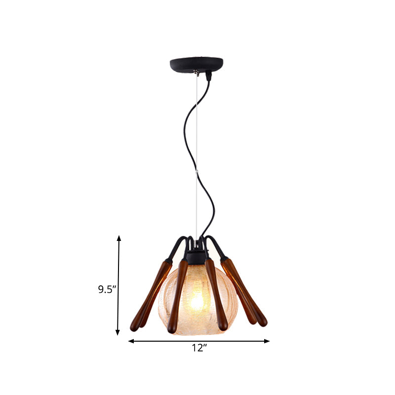 Rustic Conical Wood Pendant Lamp With Cracked Glass Shade - 1 Light Brown Suspended Lighting Fixture