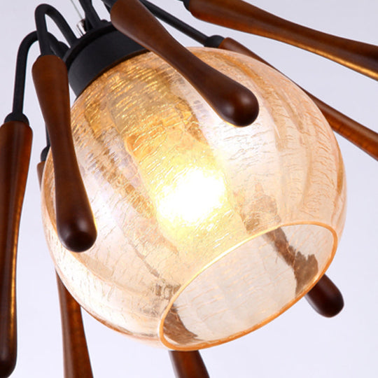 Rustic Conical Wood Pendant Lamp With Cracked Glass Shade - 1 Light Brown Suspended Lighting Fixture